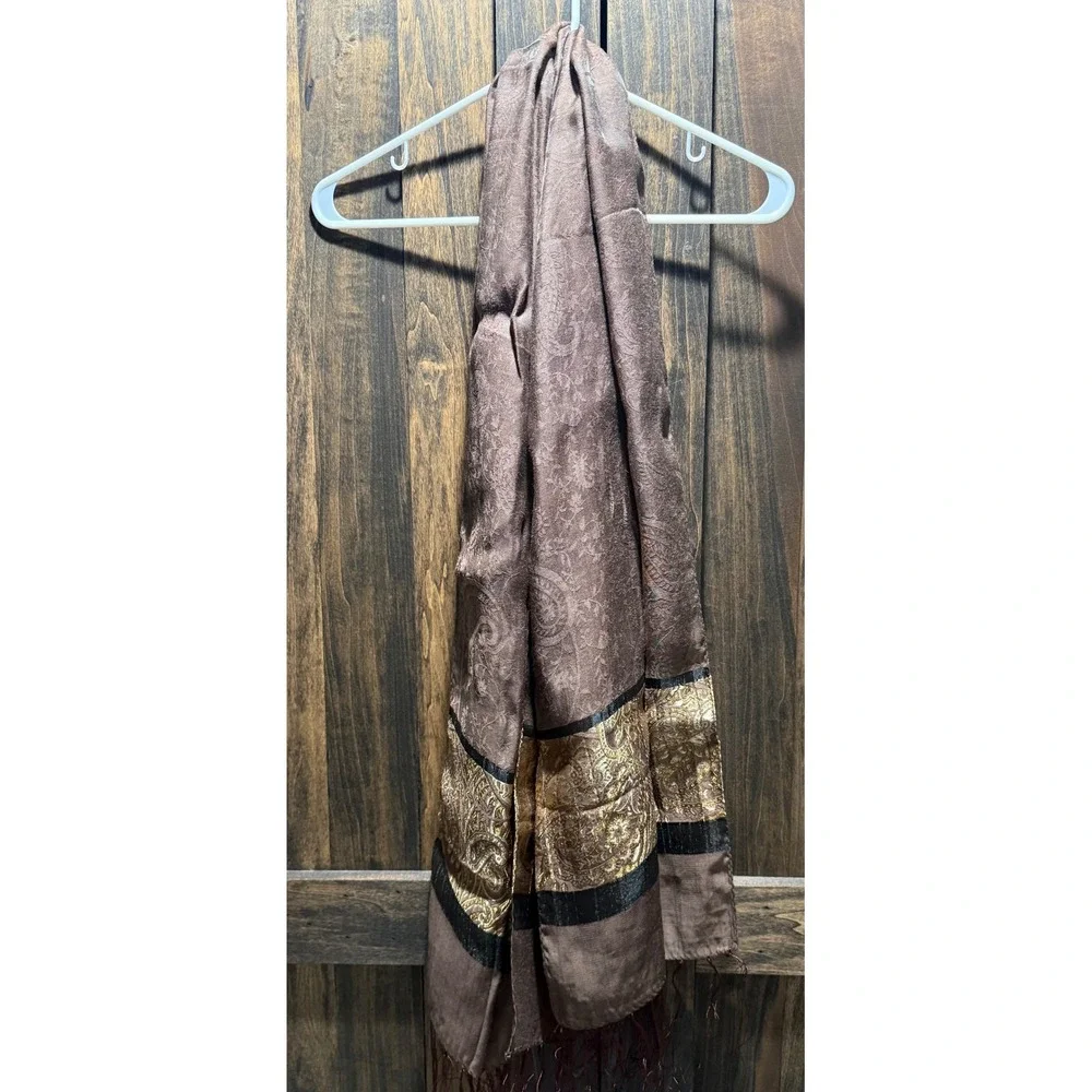 Brown Paisley Pashmina Shawl Gold Black Border Fringed Evening Wrap 67x22